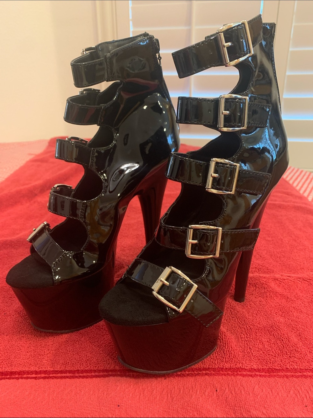 Pleaser Black Patent Multi-Buckle Platform Heels